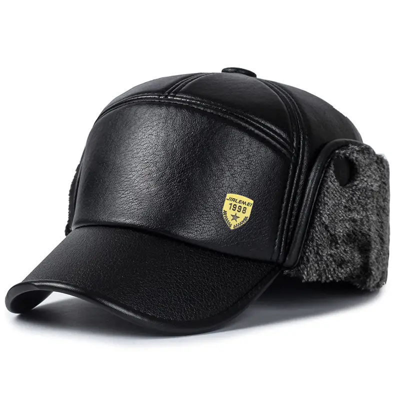 Winter Black Leather Cap for Men with Ear Protection
