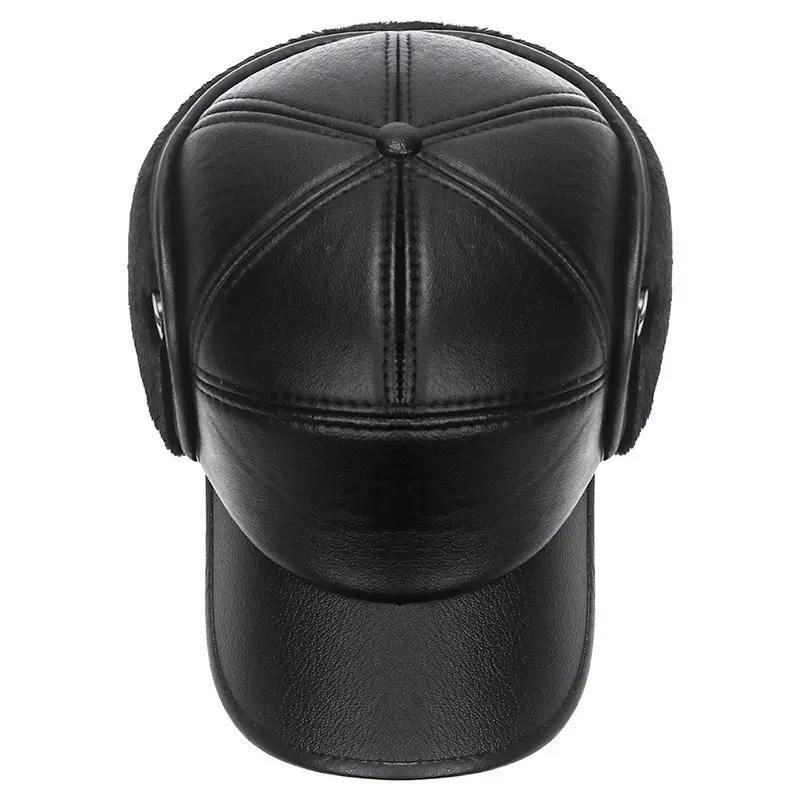 Winter Black Leather Cap for Men with Ear Protection