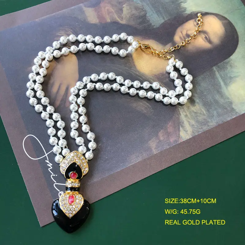 Real Gold Plated Pearl Necklace with Red Heart Pendant