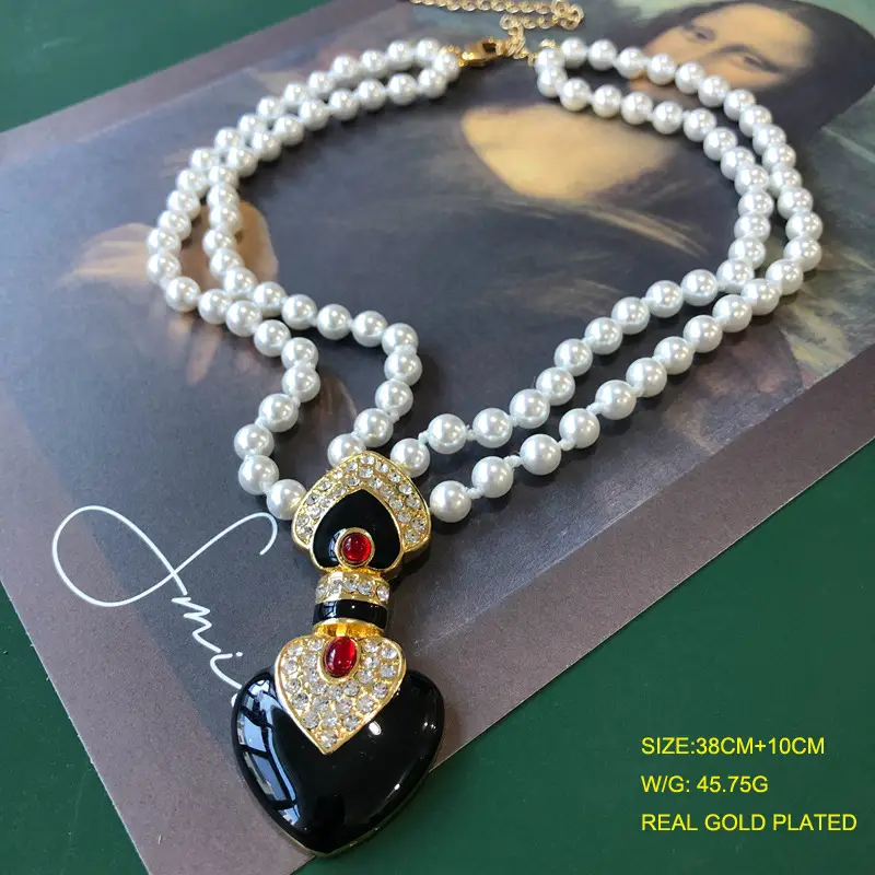 Real Gold Plated Pearl Necklace with Red Heart Pendant