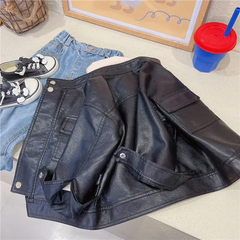 Kids Leather Jacket Black 2024 Korean Style - Image 3