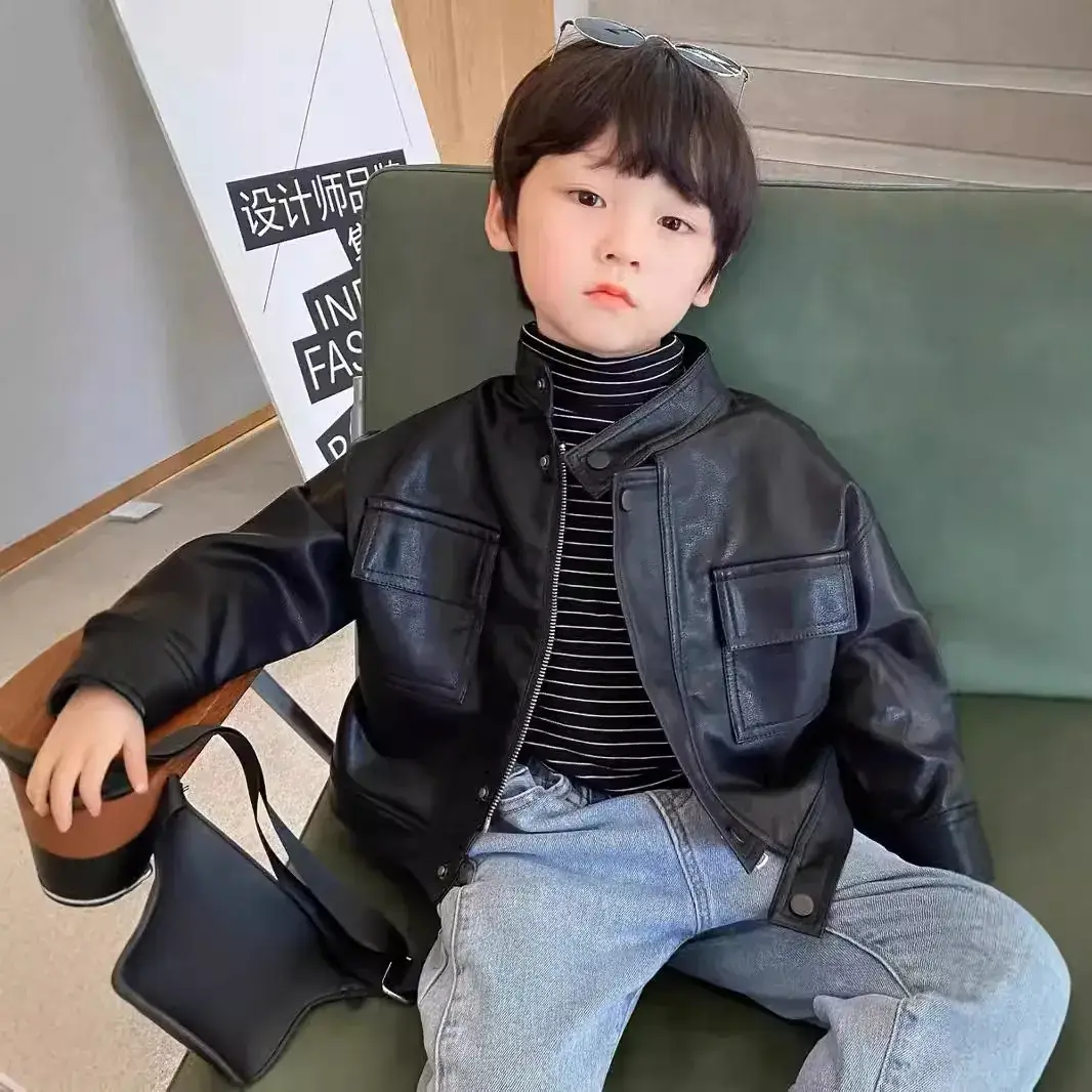 Kids Leather Jacket Black 2024 Korean Style - Image 4