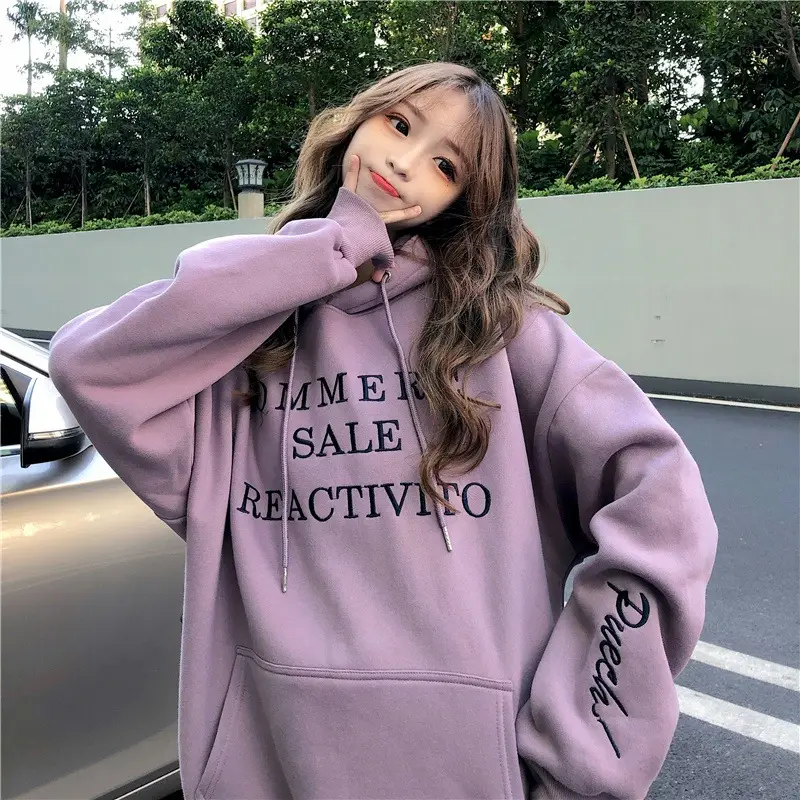 2022 Korean Letter Hooded Fleece Sweater Grey Plus Size - Image 5