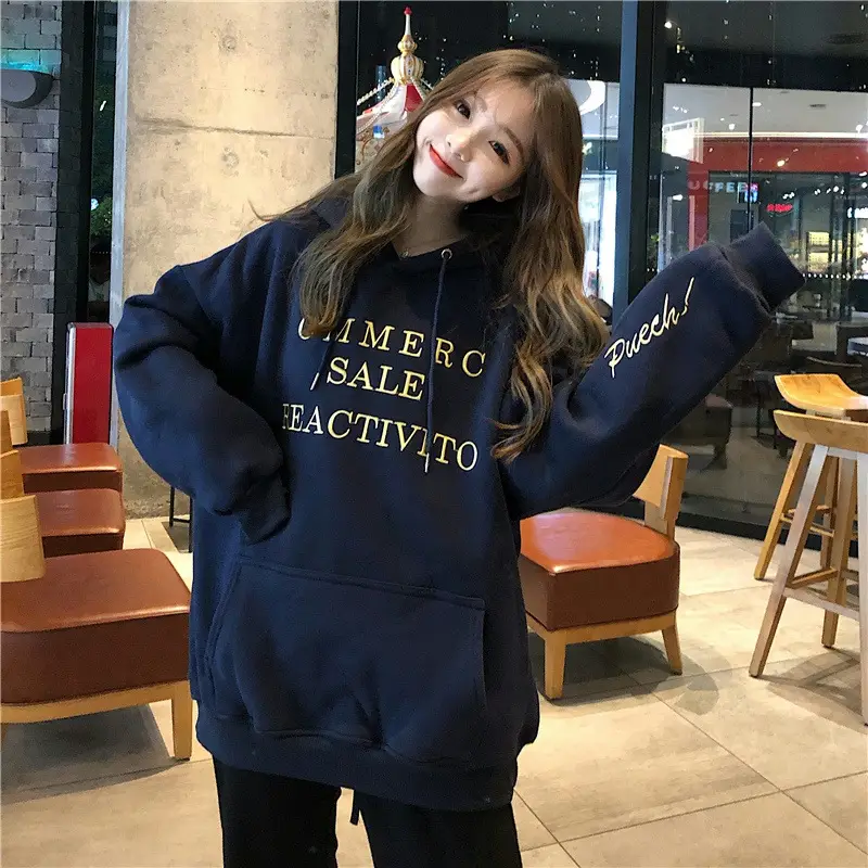 2022 Korean Letter Hooded Fleece Sweater Grey Plus Size - Image 6