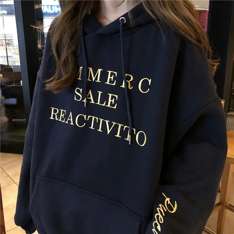 2022 Korean Letter Hooded Fleece Sweater Grey Plus Size - Image 7