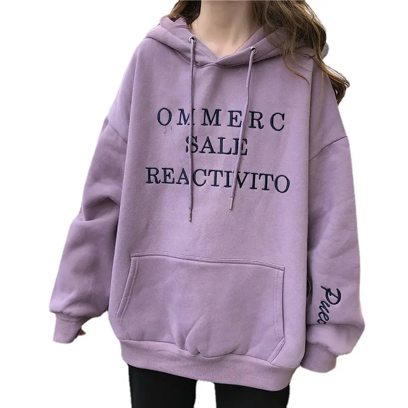 2022 Korean Letter Hooded Fleece Sweater Grey Plus Size - Image 8