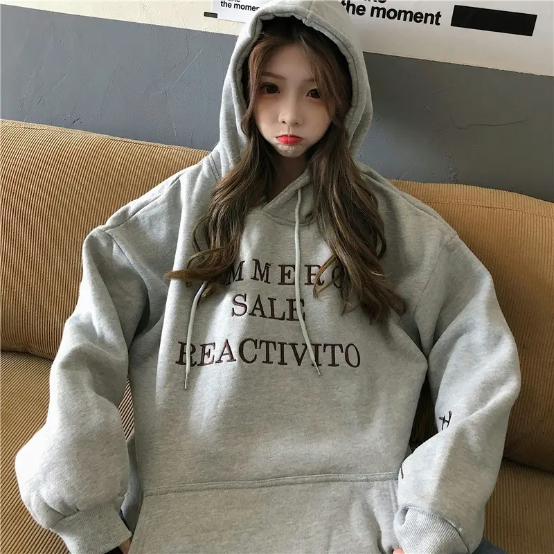 2022 Korean Letter Hooded Fleece Sweater Grey Plus Size - Image 2