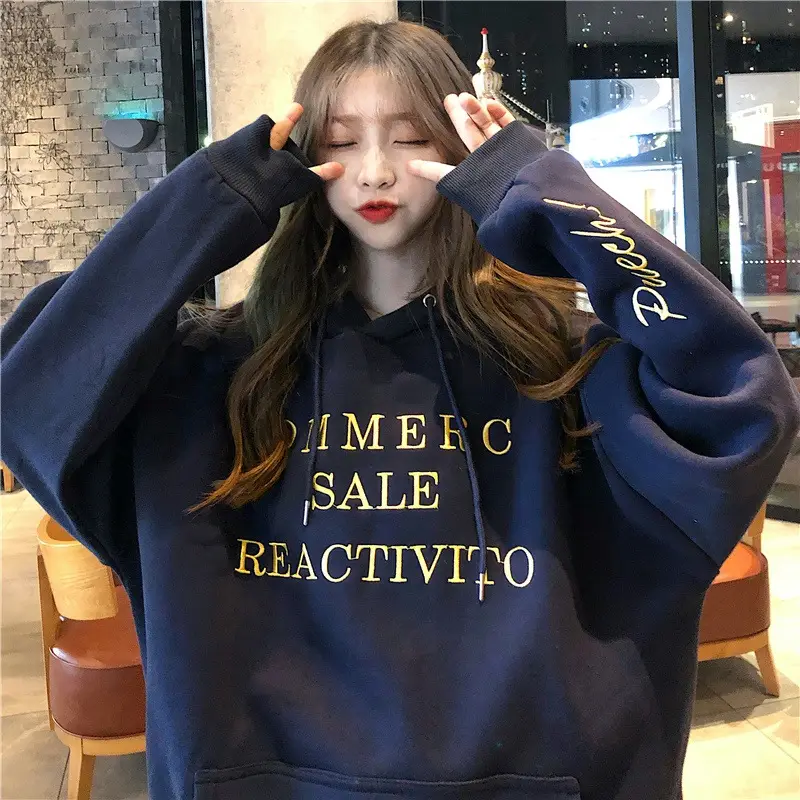 2022 Korean Letter Hooded Fleece Sweater Grey Plus Size - Image 3