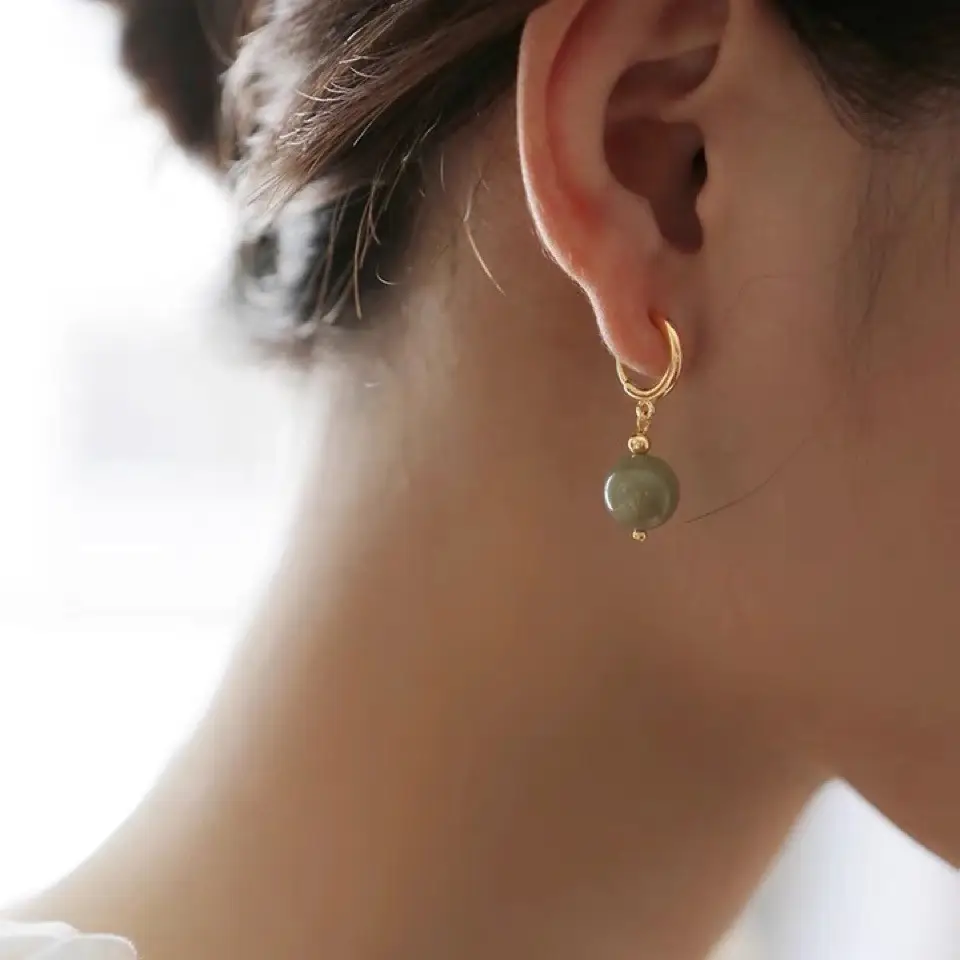 Natural Green Jade Round Earrings for Women - Image 2