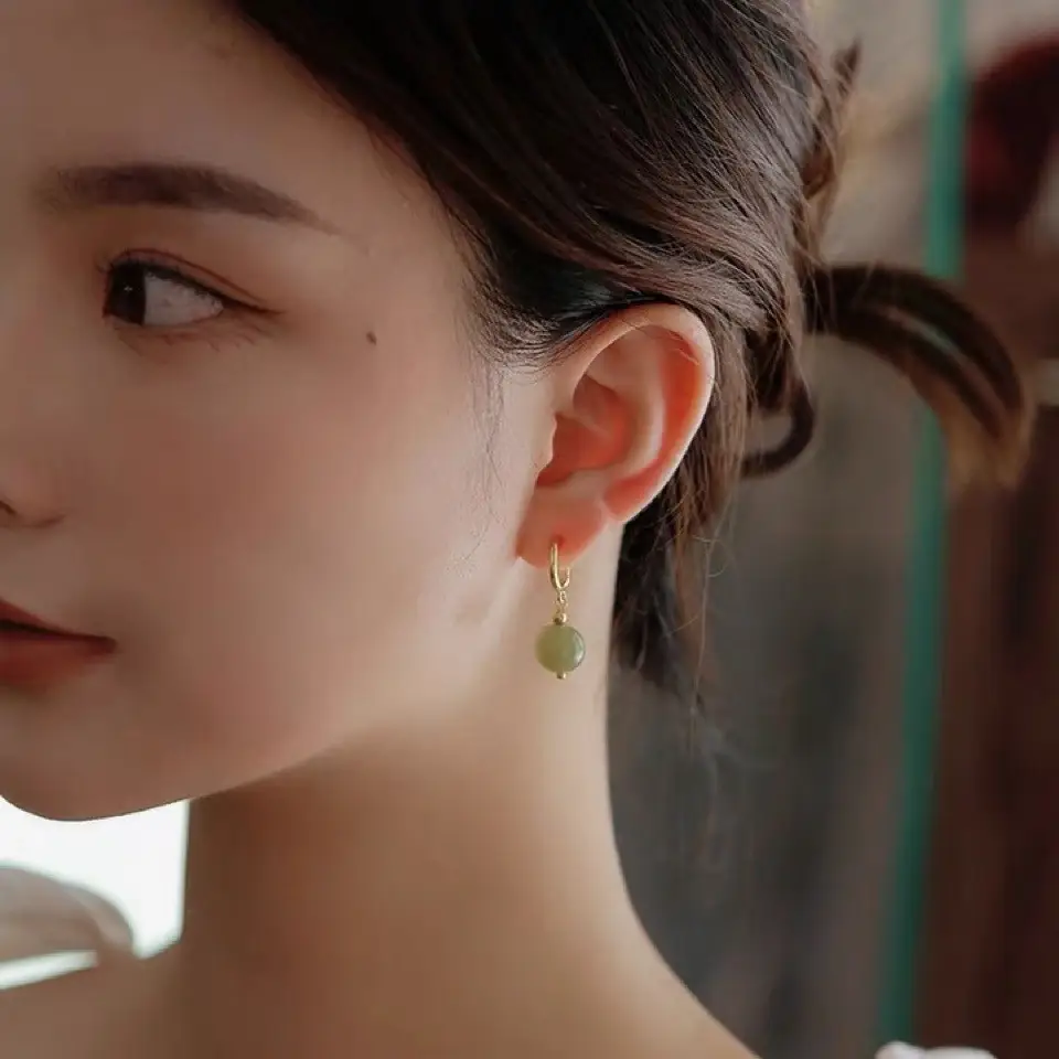 Natural Green Jade Round Earrings for Women - Image 4