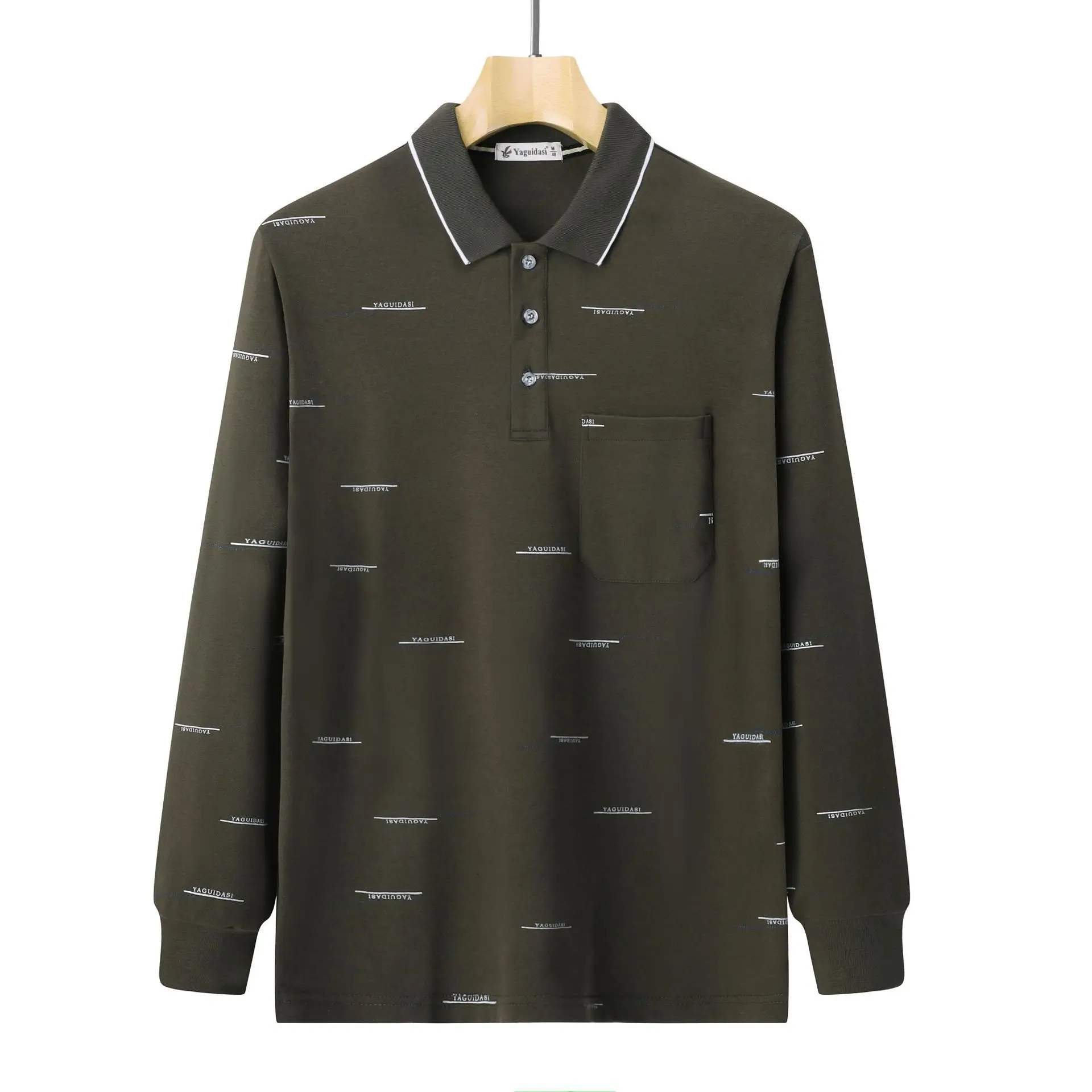 Dad Cotton Long Sleeve Polo Shirt Olive Green