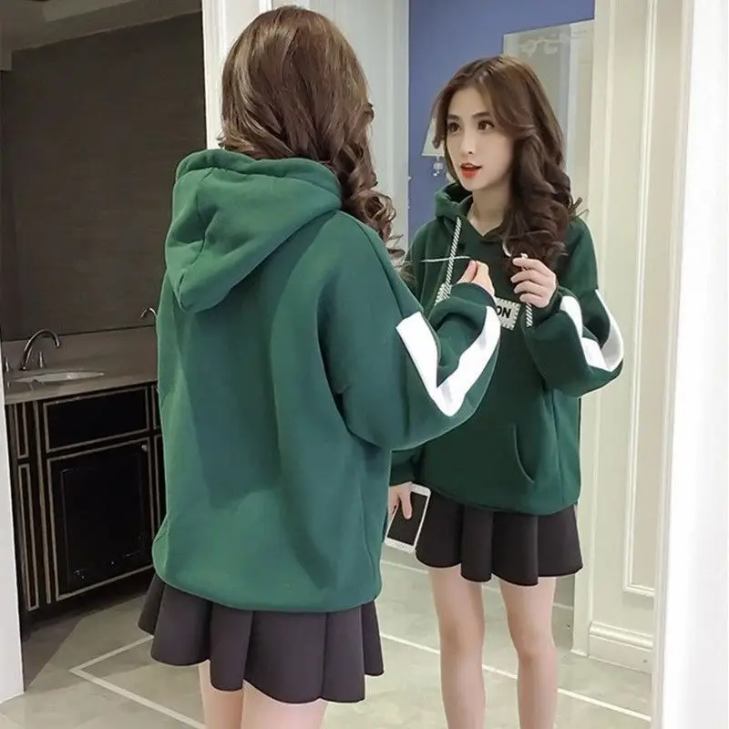 Green Fleece Hoodie for Women College Style 2022 Fall Winter