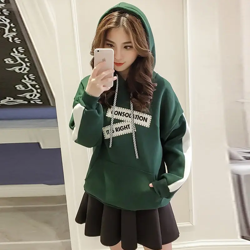 Green Fleece Hoodie for Women College Style 2022 Fall Winter