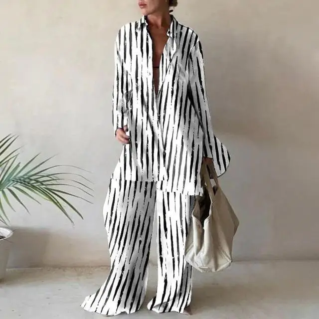 2022 Women's Printed Loose Suit with Long Sleeve Shirt & Straight Trousers — feature 3