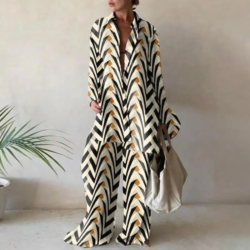 2022 Women's Printed Loose Suit with Long Sleeve Shirt & Straight Trousers — feature 6