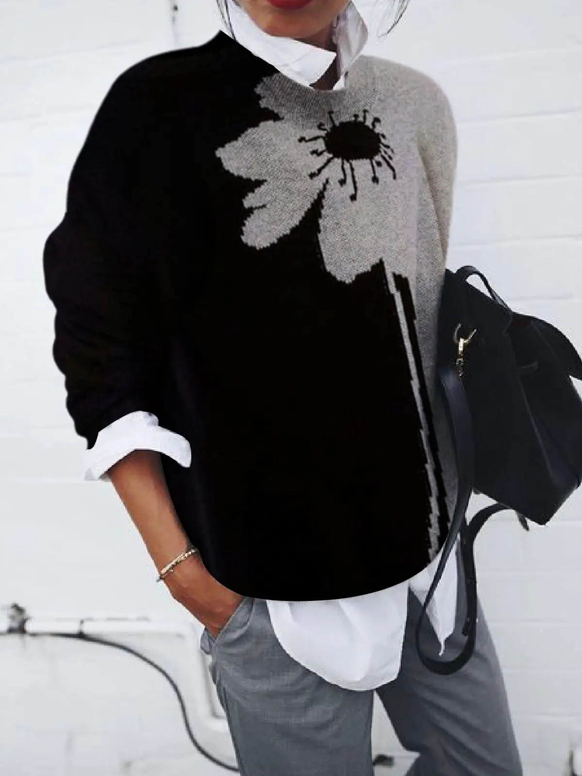 Women's Geometric Print Long Sleeve Vests Grey Blue - Image 9