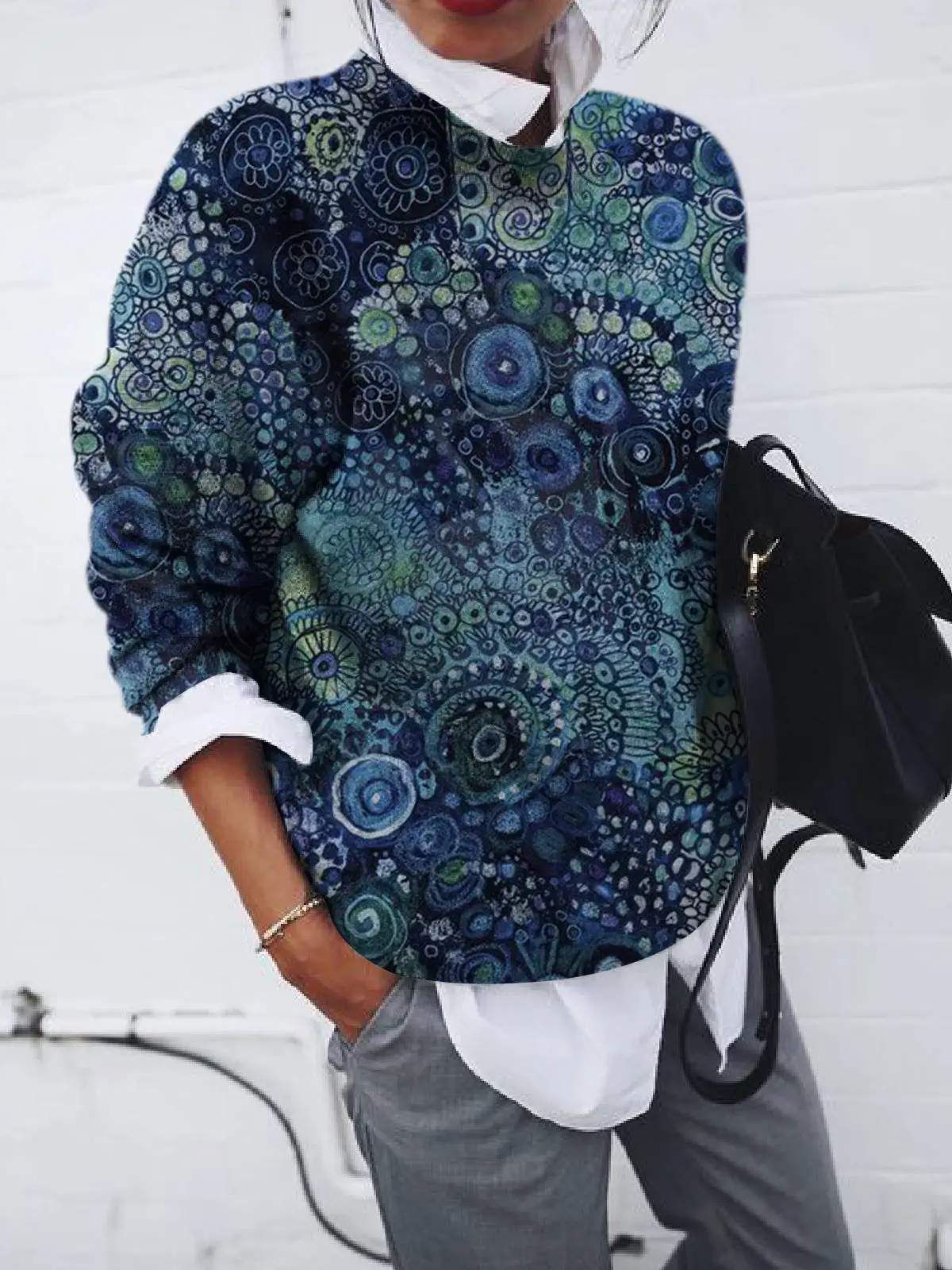 Women's Geometric Print Long Sleeve Vests Grey Blue - Image 10