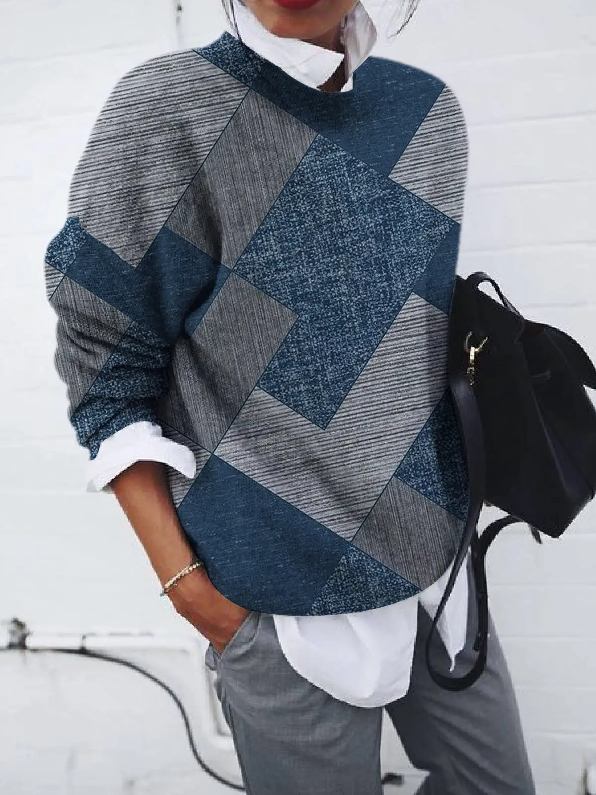 Women's Geometric Print Long Sleeve Vests Grey Blue - Image 2