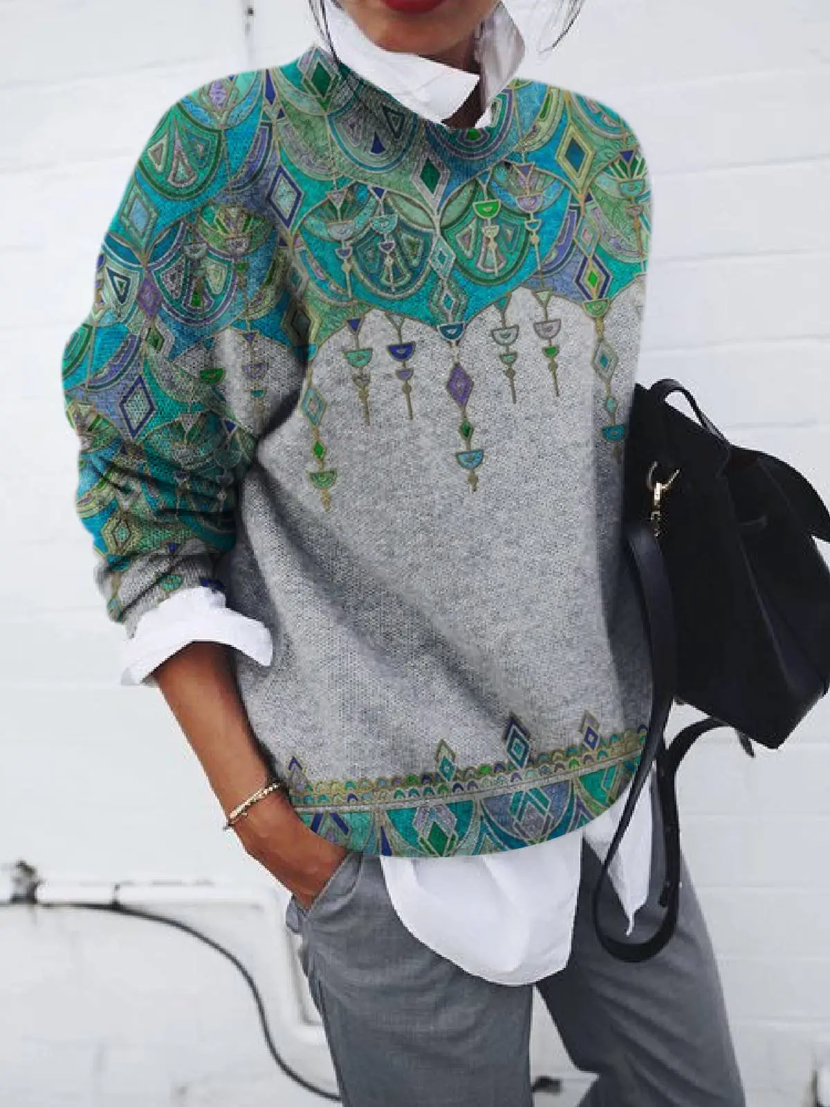 Women's Geometric Print Long Sleeve Vests Grey Blue - Image 5