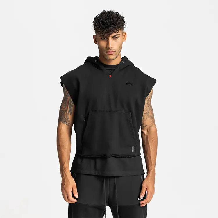 Men's Black Sleeveless Hoodie with 4 Pockets — feature 13