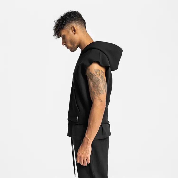 Men's Black Sleeveless Hoodie with 4 Pockets — feature 14