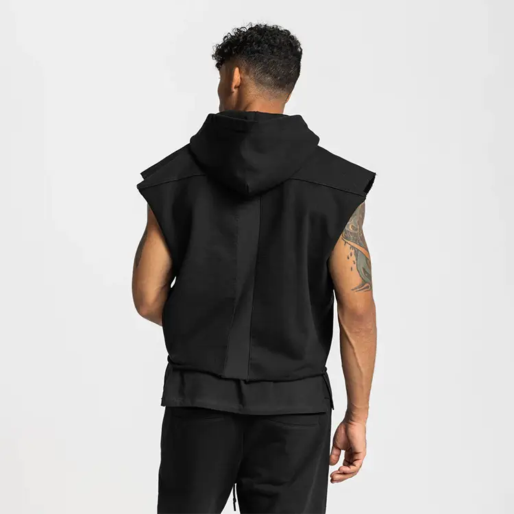 Men's Black Sleeveless Hoodie with 4 Pockets — feature 15