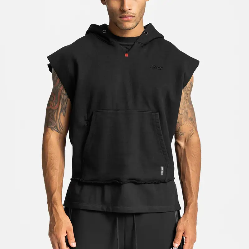 Men's Black Sleeveless Hoodie with 4 Pockets - Image 2