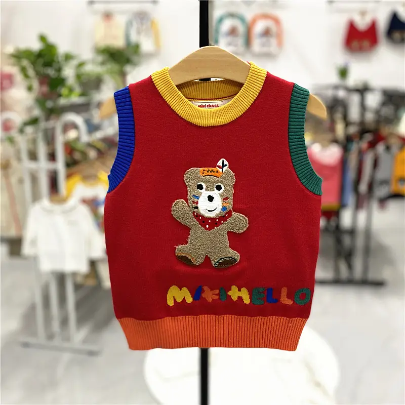 Japanese-Style Bear Knitted Vest Red 24 Autumn - Image 5