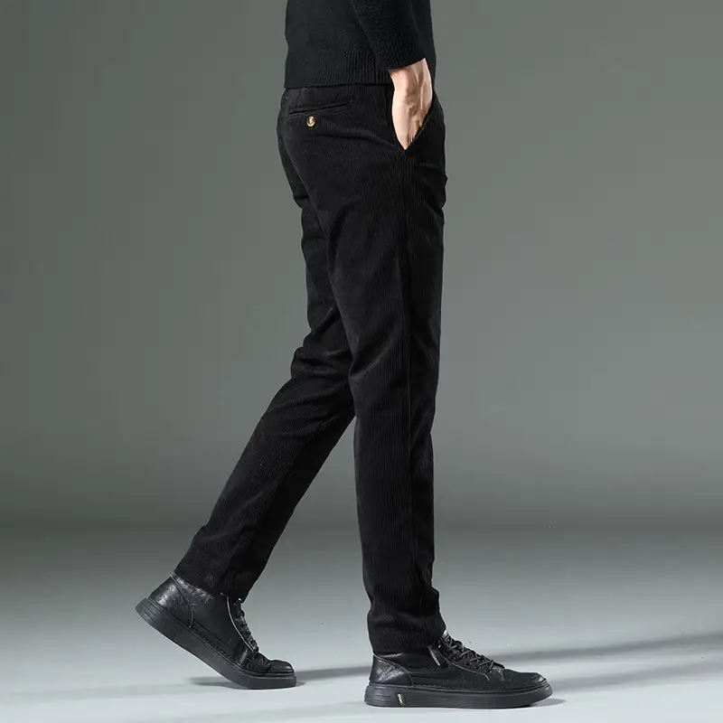 Men's Black Corduroy Slim Fit Pants Winter Thick - Image 8