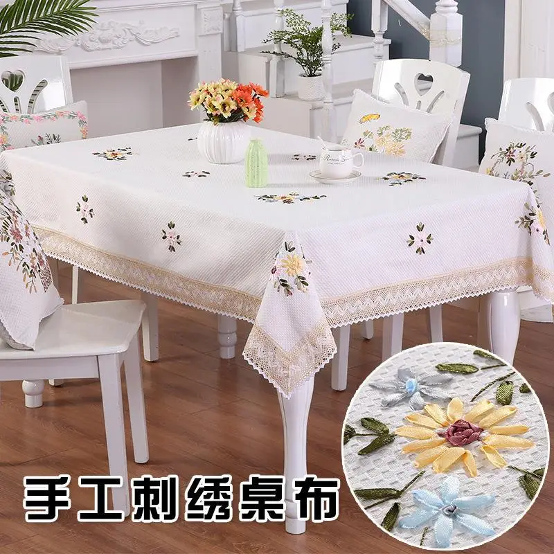 Cotton Embroidered Tablecloth Orange with Lace Trim