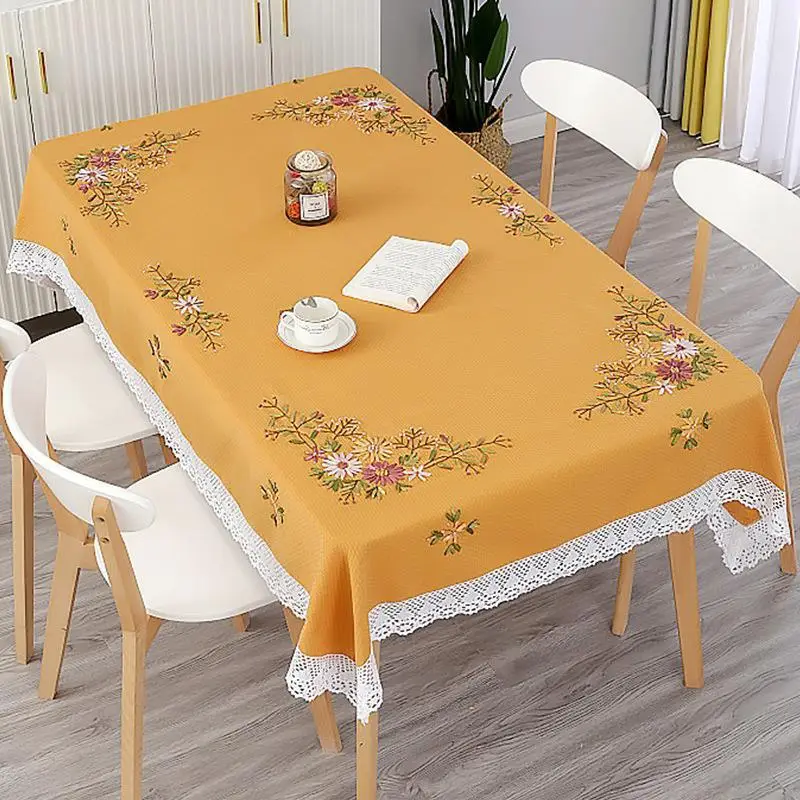 Cotton Embroidered Tablecloth Orange with Lace Trim