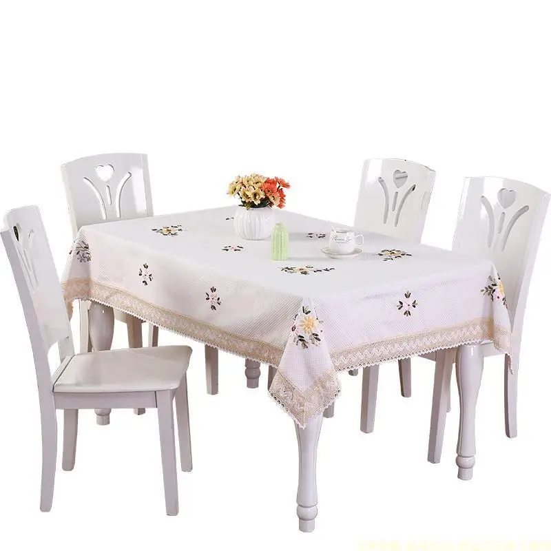 Cotton Embroidered Tablecloth Orange with Lace Trim