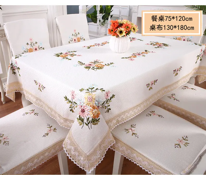 Cotton Embroidered Tablecloth Orange with Lace Trim — feature 1