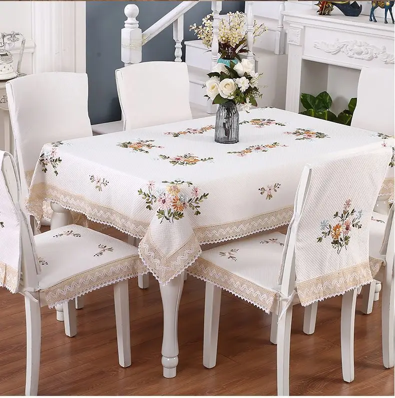 Cotton Embroidered Tablecloth Orange with Lace Trim — feature 2