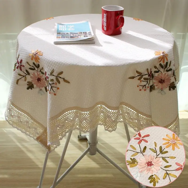 Cotton Embroidered Tablecloth Orange with Lace Trim