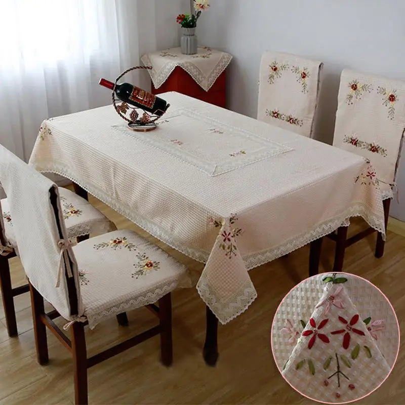 Cotton Embroidered Tablecloth Orange with Lace Trim