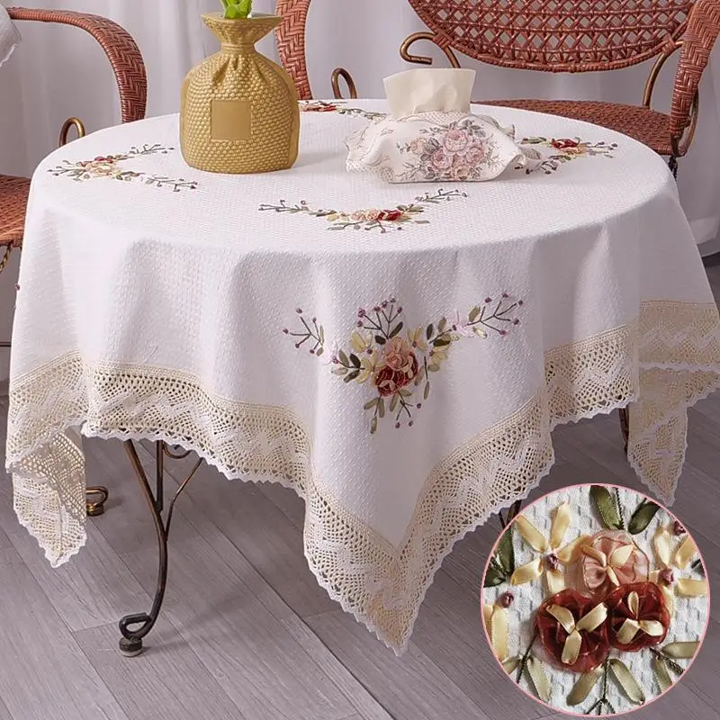 Cotton Embroidered Tablecloth Orange with Lace Trim