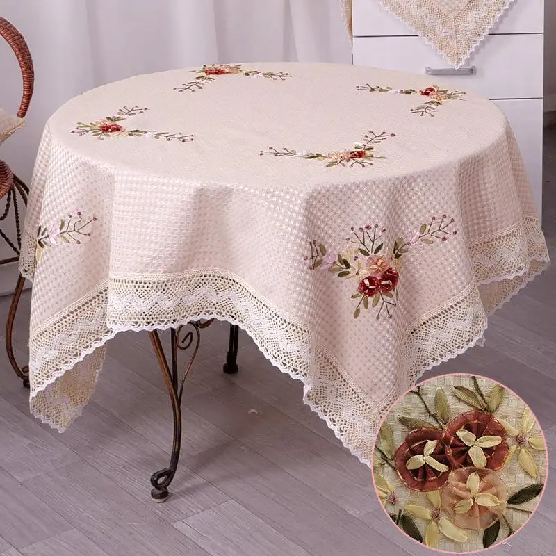 Cotton Embroidered Tablecloth Orange with Lace Trim