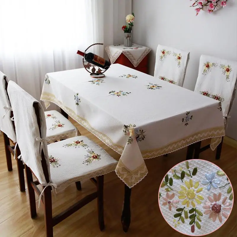 Cotton Embroidered Tablecloth Orange with Lace Trim