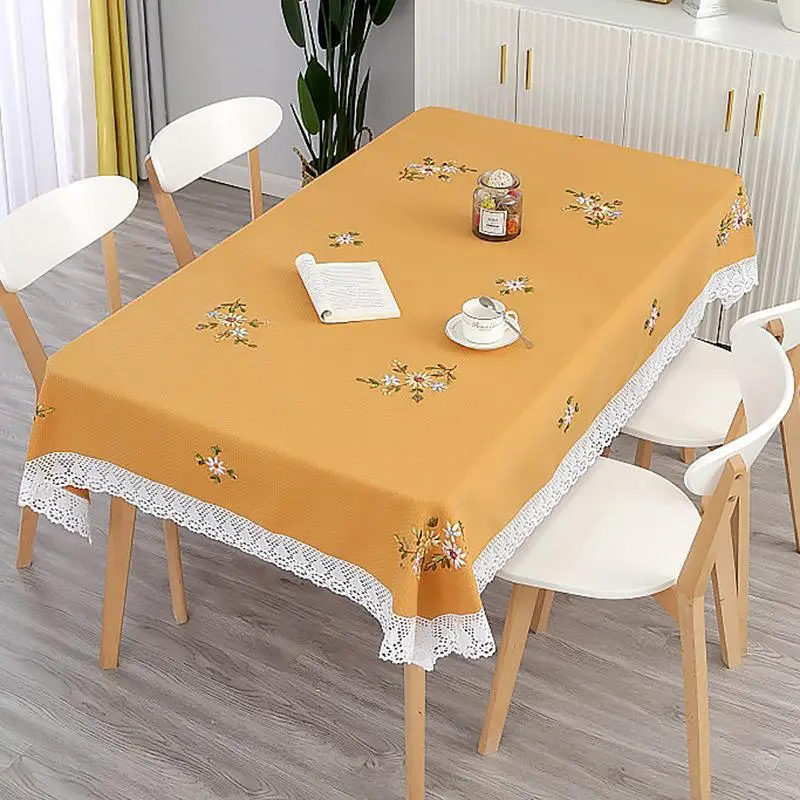 Cotton Embroidered Tablecloth Orange with Lace Trim