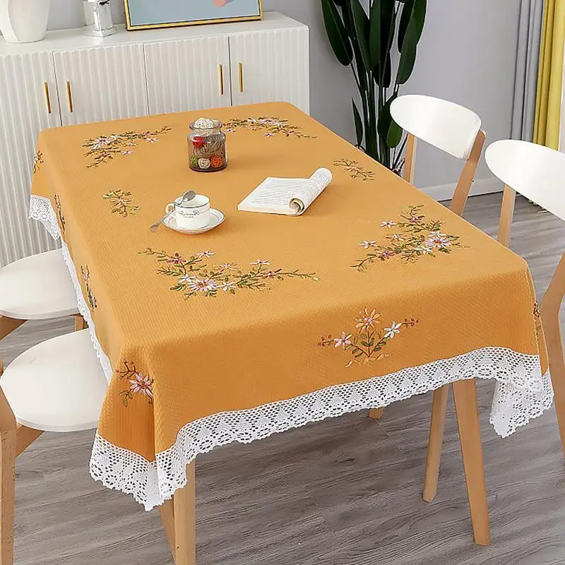 Cotton Embroidered Tablecloth Orange with Lace Trim