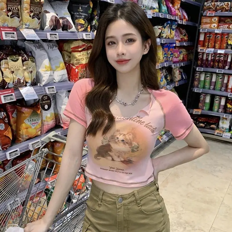 Women Cotton Retro Cat T-Shirt Pink 2026 Summer - Image 3