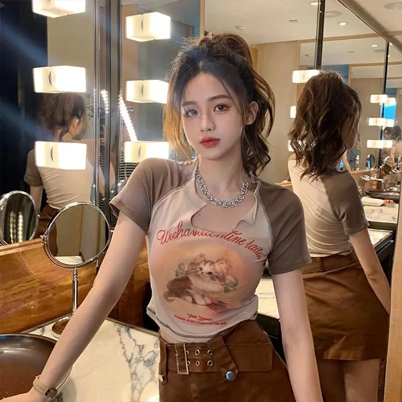 Women Cotton Retro Cat T-Shirt Pink 2026 Summer - Image 4