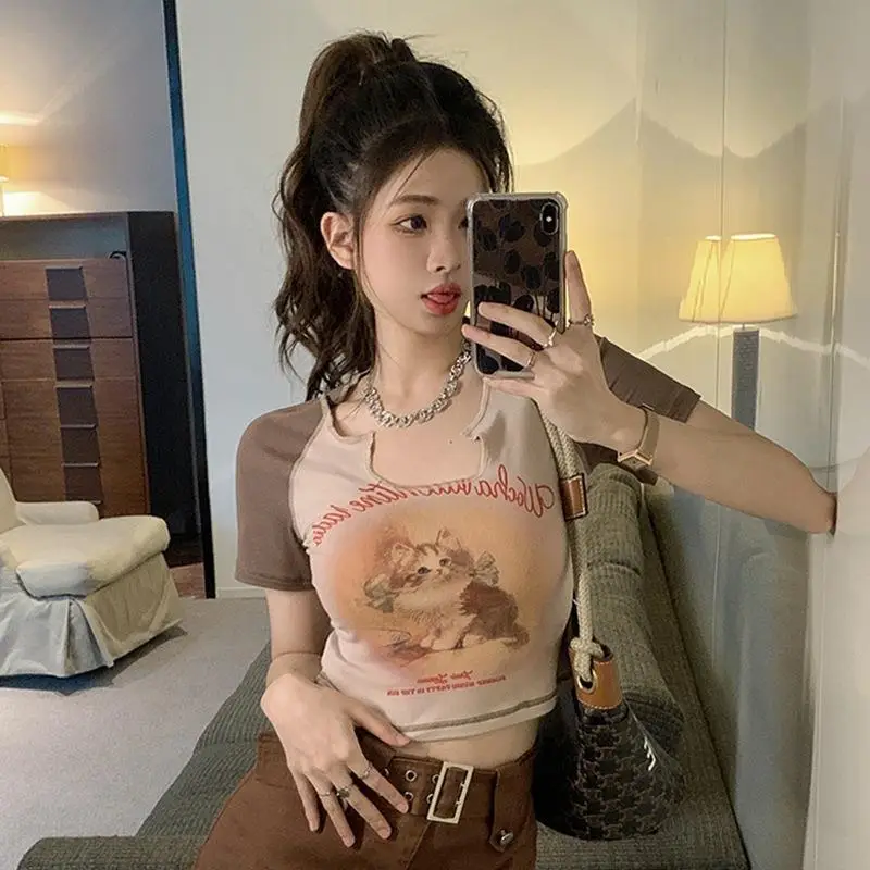 Women Cotton Retro Cat T-Shirt Pink 2026 Summer - Image 5