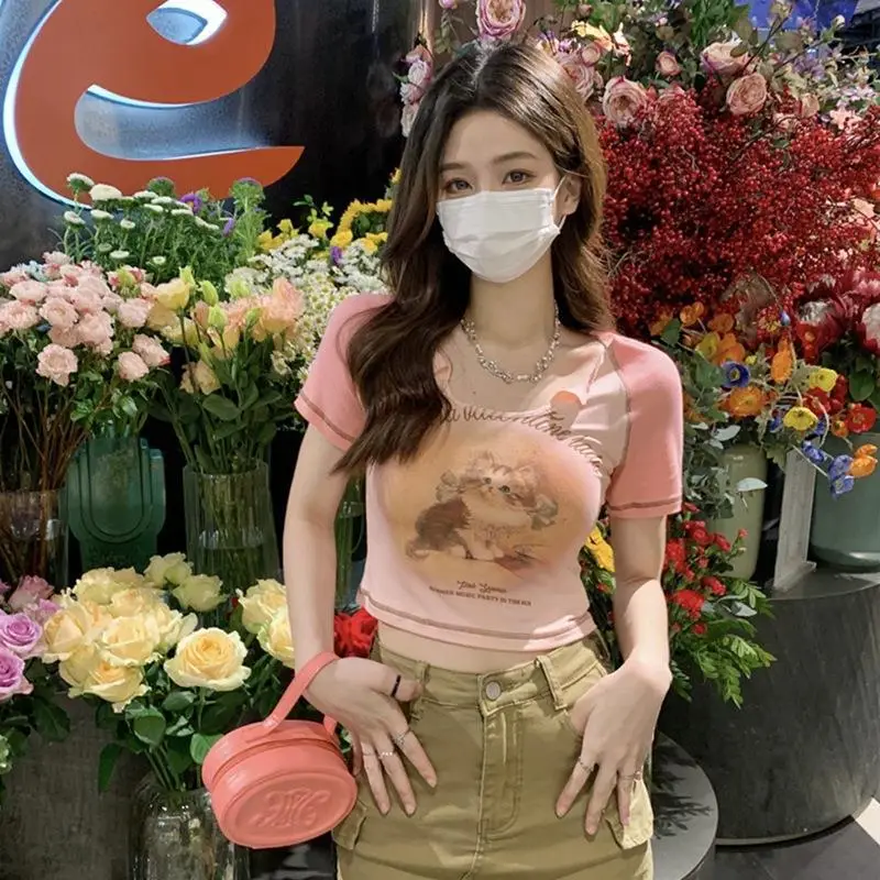 Women Cotton Retro Cat T-Shirt Pink 2026 Summer - Image 6