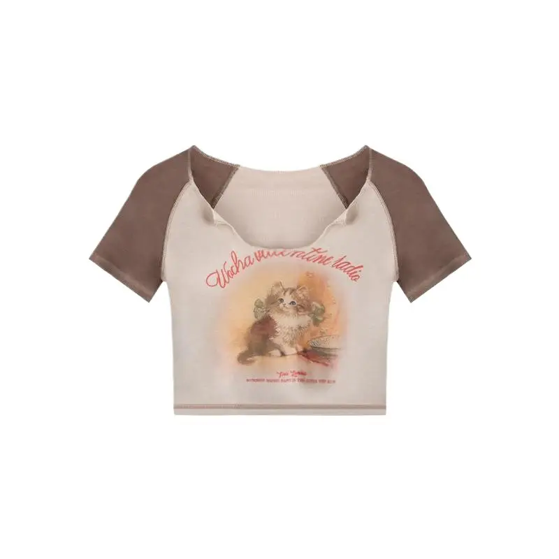 Women Cotton Retro Cat T-Shirt Pink 2026 Summer - Image 7