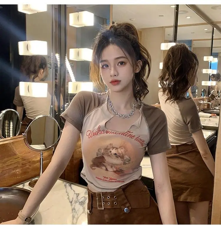 Women Cotton Retro Cat T-Shirt Pink 2026 Summer — feature 12