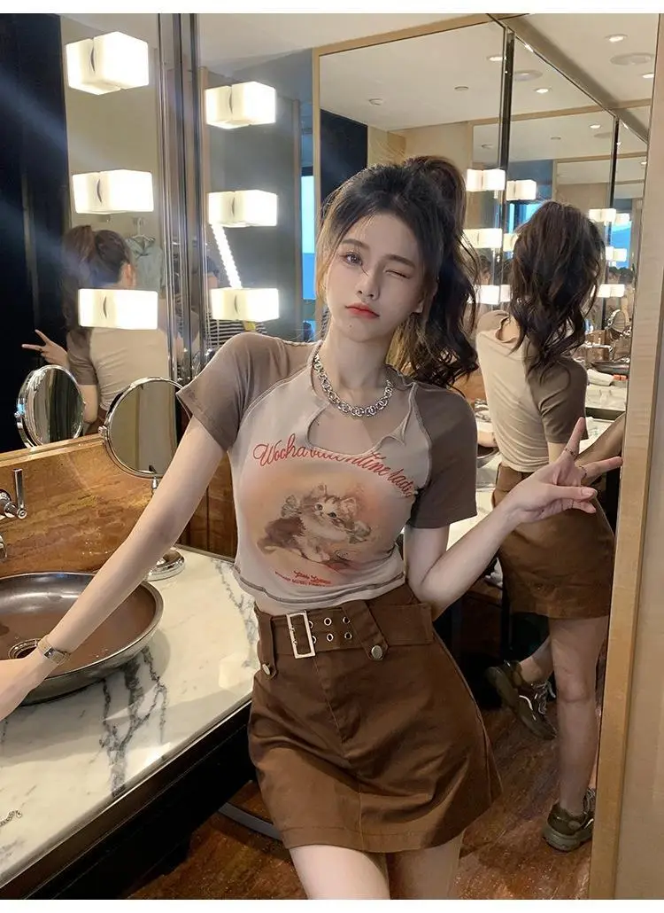 Women Cotton Retro Cat T-Shirt Pink 2026 Summer — feature 13