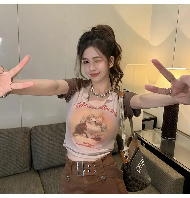 Women Cotton Retro Cat T-Shirt Pink 2026 Summer — feature 19
