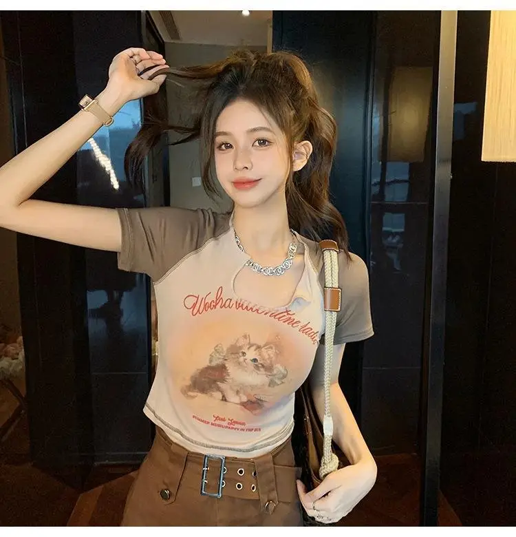 Women Cotton Retro Cat T-Shirt Pink 2026 Summer — feature 22